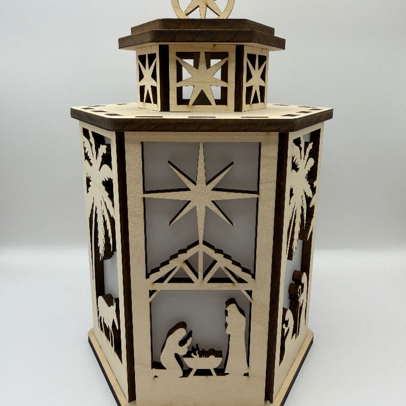 Front side of the unlit 6-sided Nativity lantern