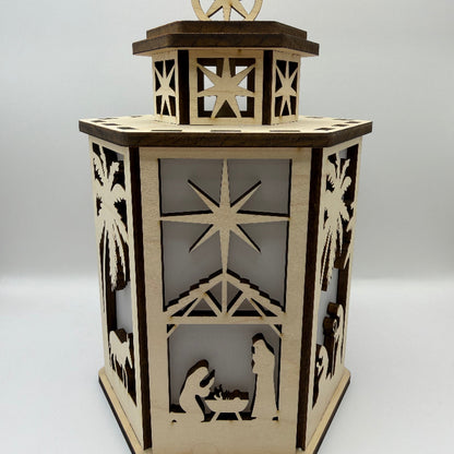 Front side of the unlit 6-sided Nativity lantern