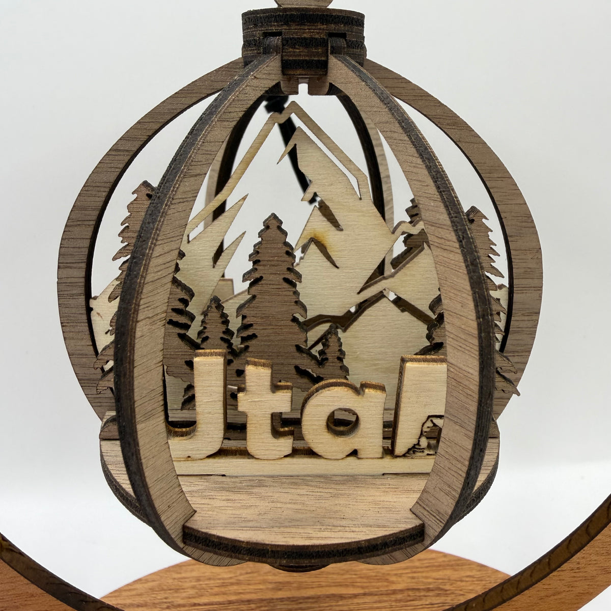 Close-up of the 3D Utah wood ornament