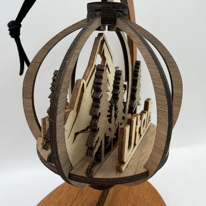 Detail view of the 3D Utah wood ornament design