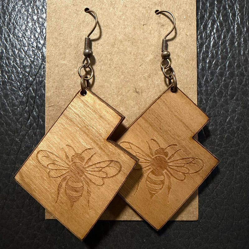 Utah shaped earrings with engraved bee in cherry wood