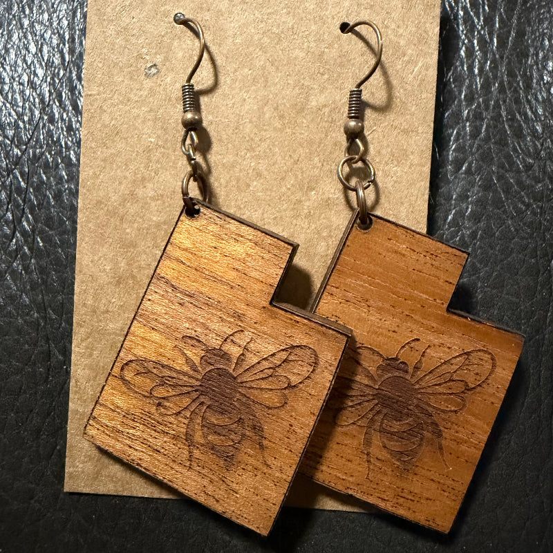 Utah shaped earrings with engraved bee in mahogany wood