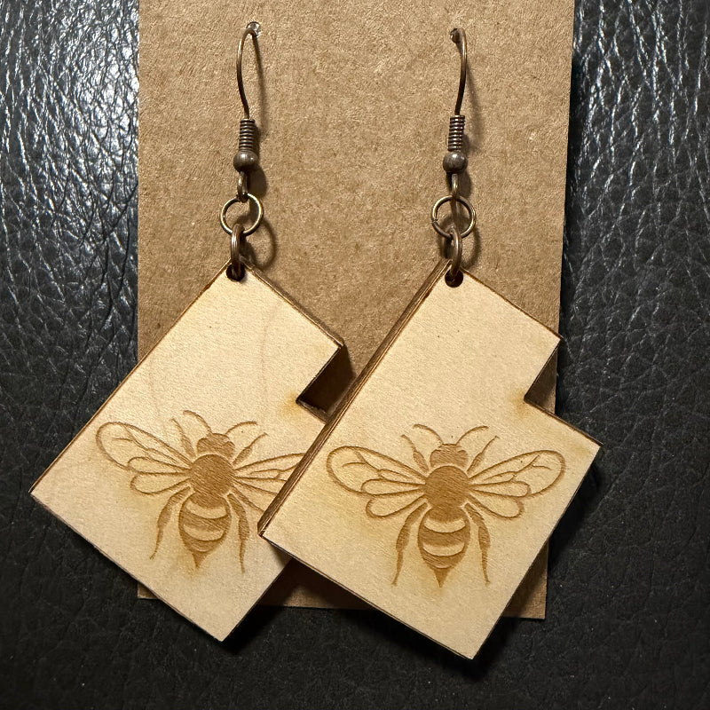 Utah shaped earrings with engraved bee in maple wood