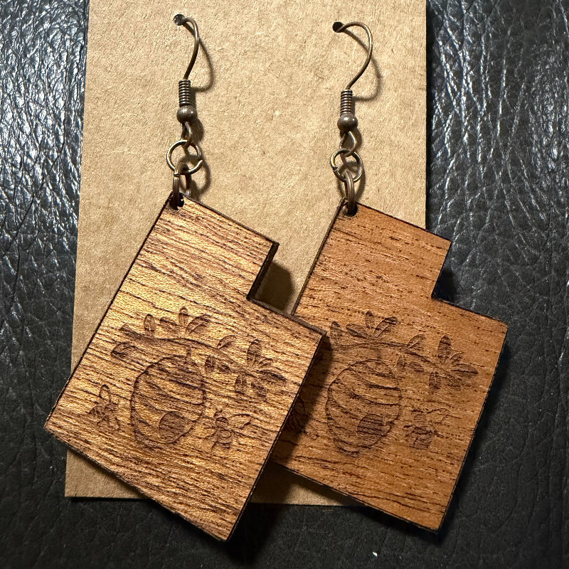 Utah shaped earrings with engraved beehive in mahogany wood