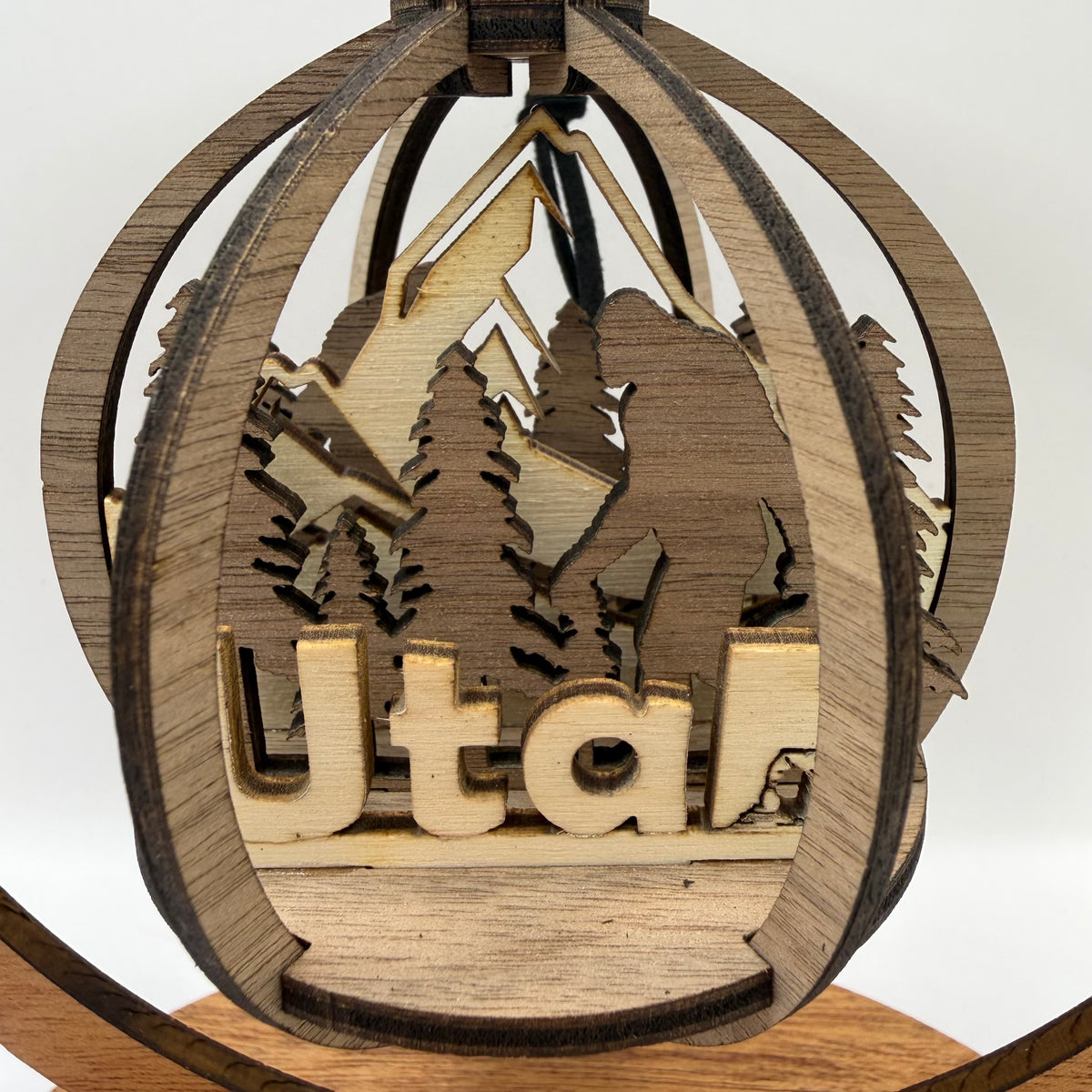 Close-up of the 3D Bigfoot Utah wood ornament