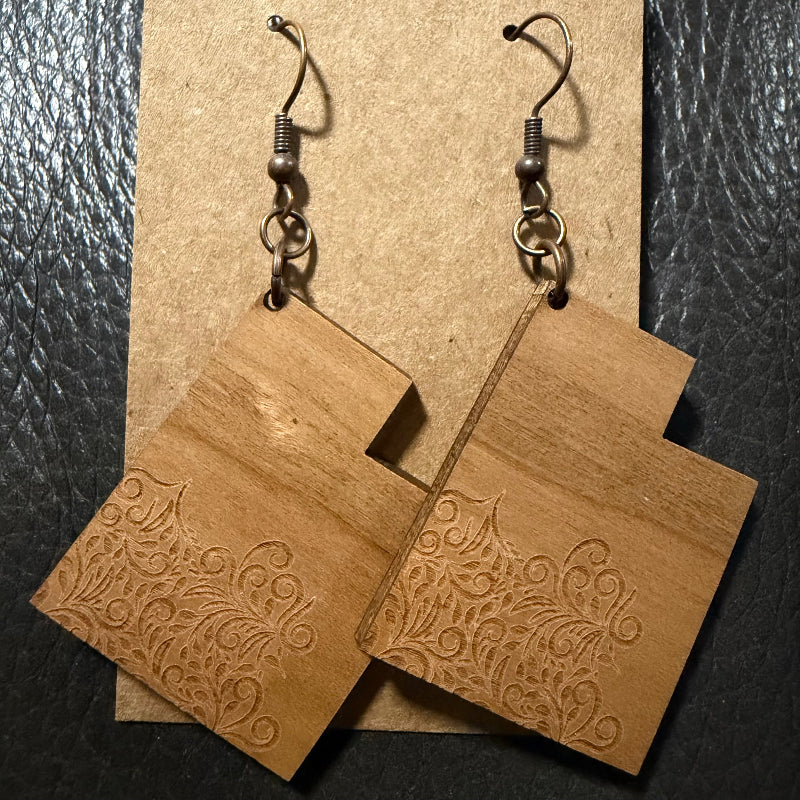 Utah shaped earrings with engraved filigree in cherry wood