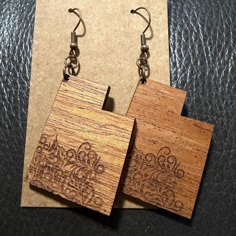 Utah shaped earrings with engraved filigree in mahogany wood
