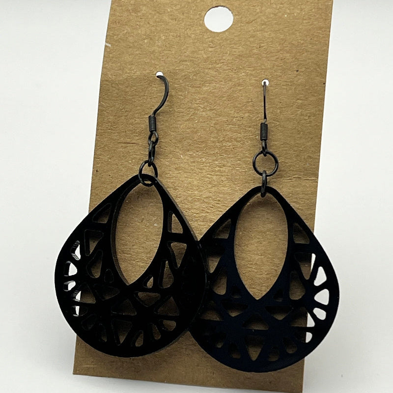 Teardrop basket-style earrings shown in black acrylic