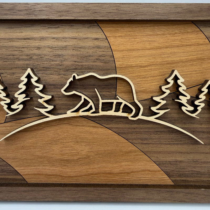 Bear line art wood wall decor, Curved Horizon backer (close-up)