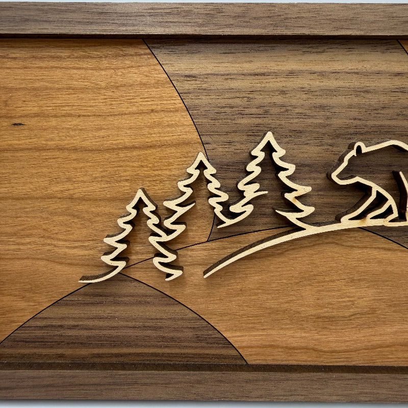 Bear line art wood wall decor, Curved Horizon backer (close-up)