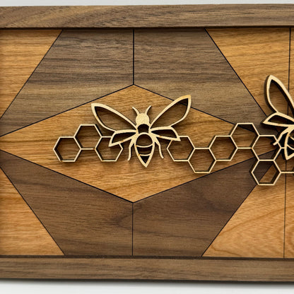 Bee line art wood wall decor, HexDiamond backer (close-up)