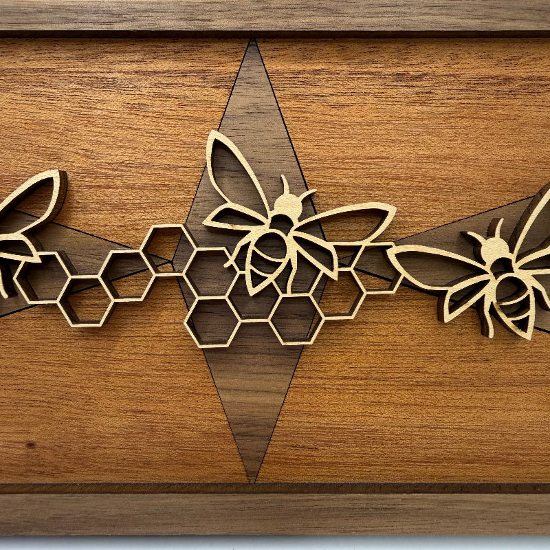 Bee line art wood wall decor, Geometric Diamond backer (close-up)