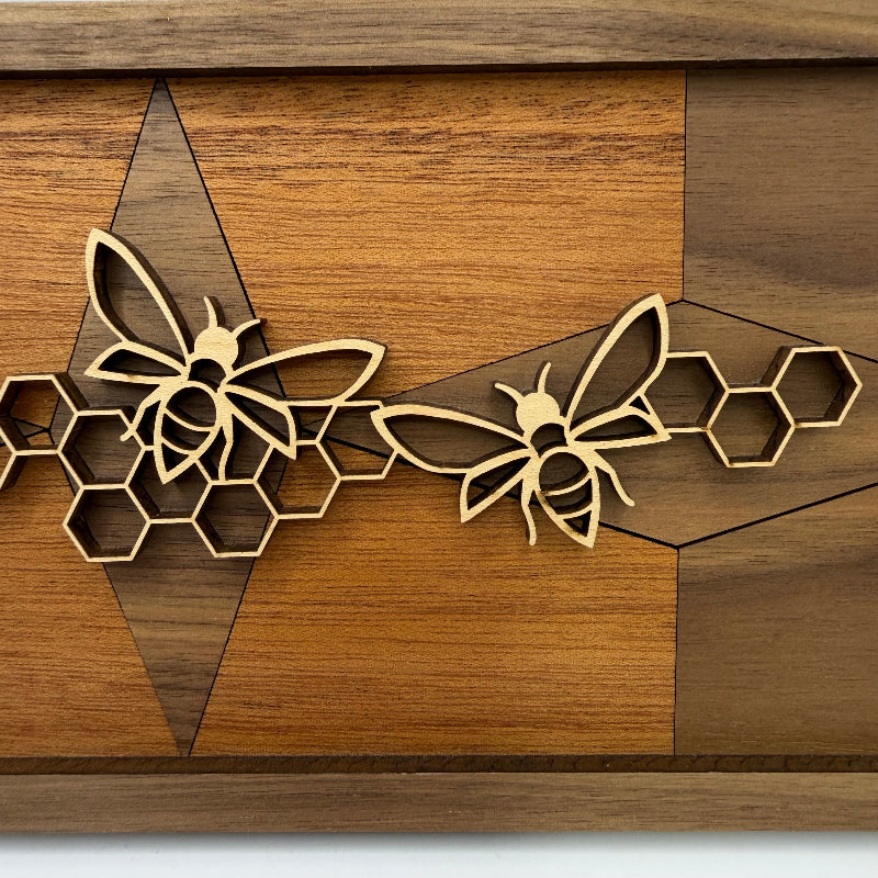 Bee line art wood wall decor, Geometric Diamond backer (close-up)