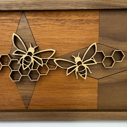 Bee line art wood wall decor, Geometric Diamond backer (close-up)