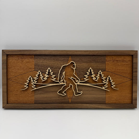 Sasquatch line art wood wall decor, 3 Diamonds backer