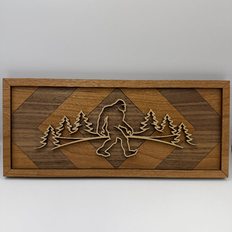 Sasquatch line art wood wall decor, Geometric Diamond backer