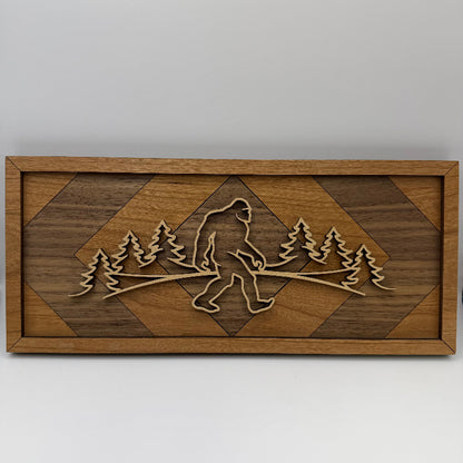 Sasquatch line art wood wall decor, Geometric Diamond backer