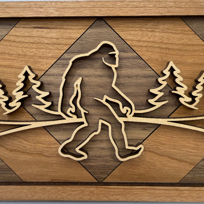 Sasquatch line art wood wall decor, Geometric Diamond backer (close-up)