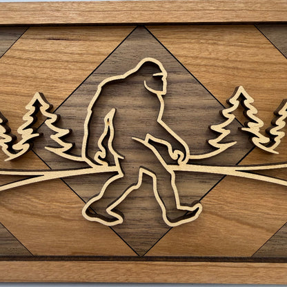 Sasquatch line art wood wall decor, Geometric Diamond backer (close-up)