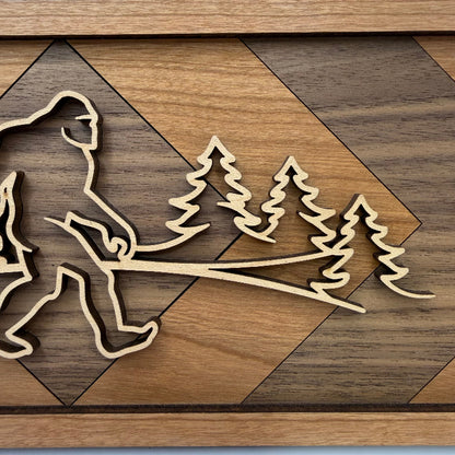 Sasquatch line art wood wall decor, Geometric Diamond backer (close-up)