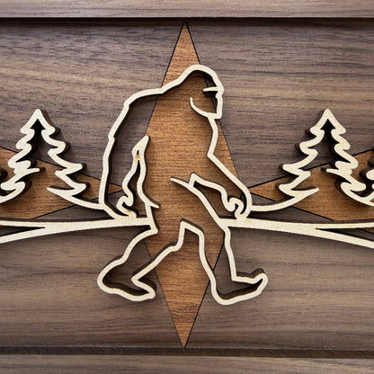 Sasquatch line art wood wall decor, 3 Diamonds backer (close-up)