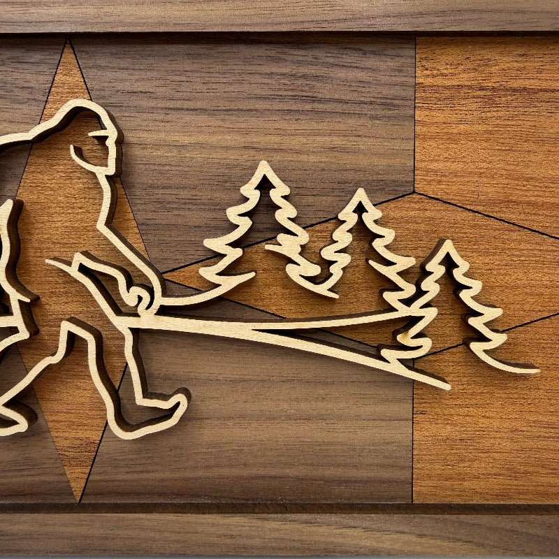 Sasquatch line art wood wall decor, 3 Diamonds backer (close-up)