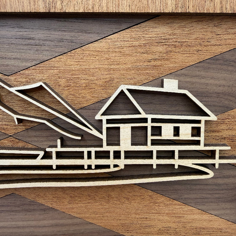 Lakehouse line art wood wall decor (close-up)