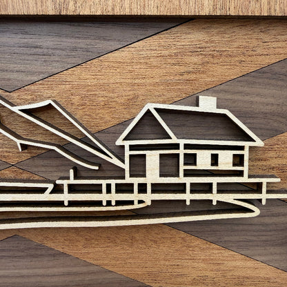 Lakehouse line art wood wall decor (close-up)