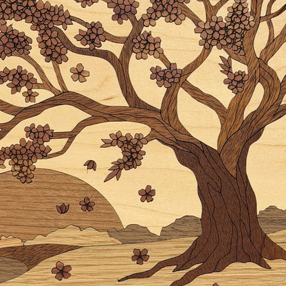 A close-up of a wooden inlay design featuring a large tree with dark brown branches and blossoms on a light beige wood background.