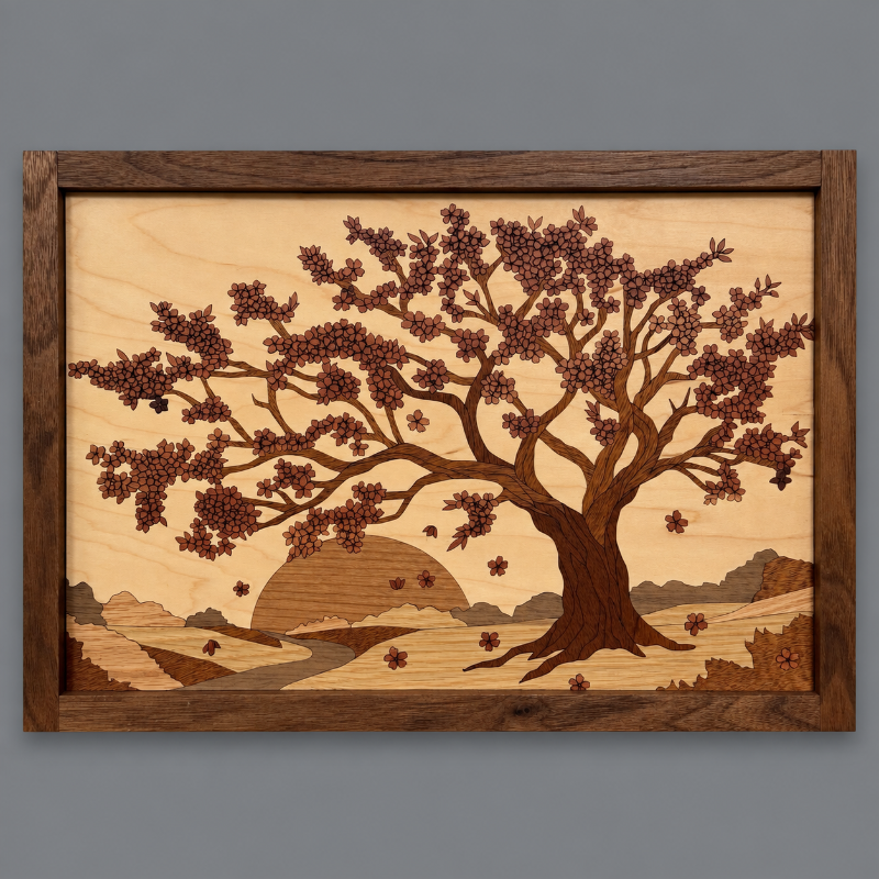 A framed wooden inlay artwork depicting a cherry blossom tree at sunset, crafted from cedar, mahogany, oak, cherry, walnut, and maple in a walnut frame, shown against a solid gray background.