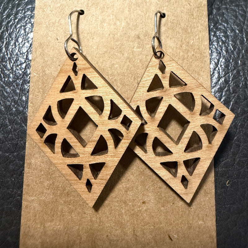 Diamond wood earrings shown from another angle