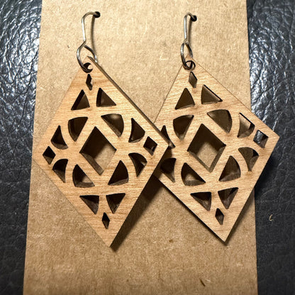 Diamond wood earrings shown from another angle