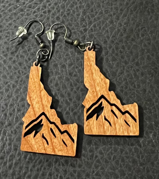 Cherry wood earrings with laser-cut Idaho mountain silhouette
