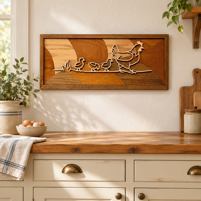 Chickens line art wood wall decor with a hen and three chicks, hanging in a farmhouse kitchen