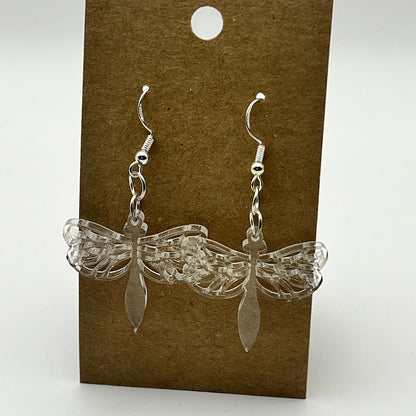 Acrylic dragonfly earrings shown from a different angle