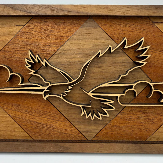 Eagle line art wood wall decor, Geometric Diamond backer (close-up)