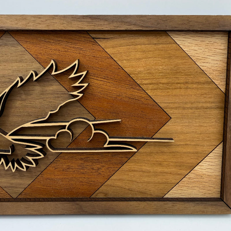 Eagle line art wood wall decor, Geometric Diamond backer (close-up)