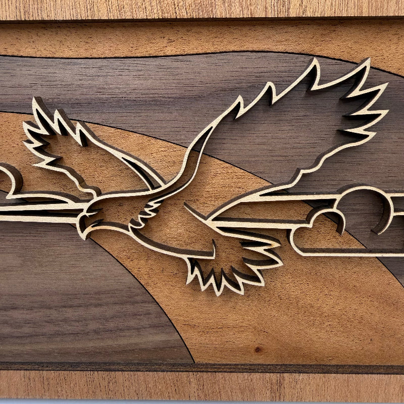 Eagle line art wood wall decor, Swoop backer (close-up)