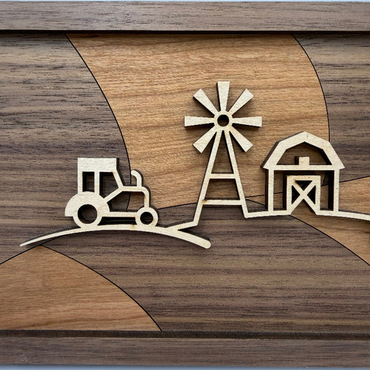 Farm line art wood wall decor (close-up)