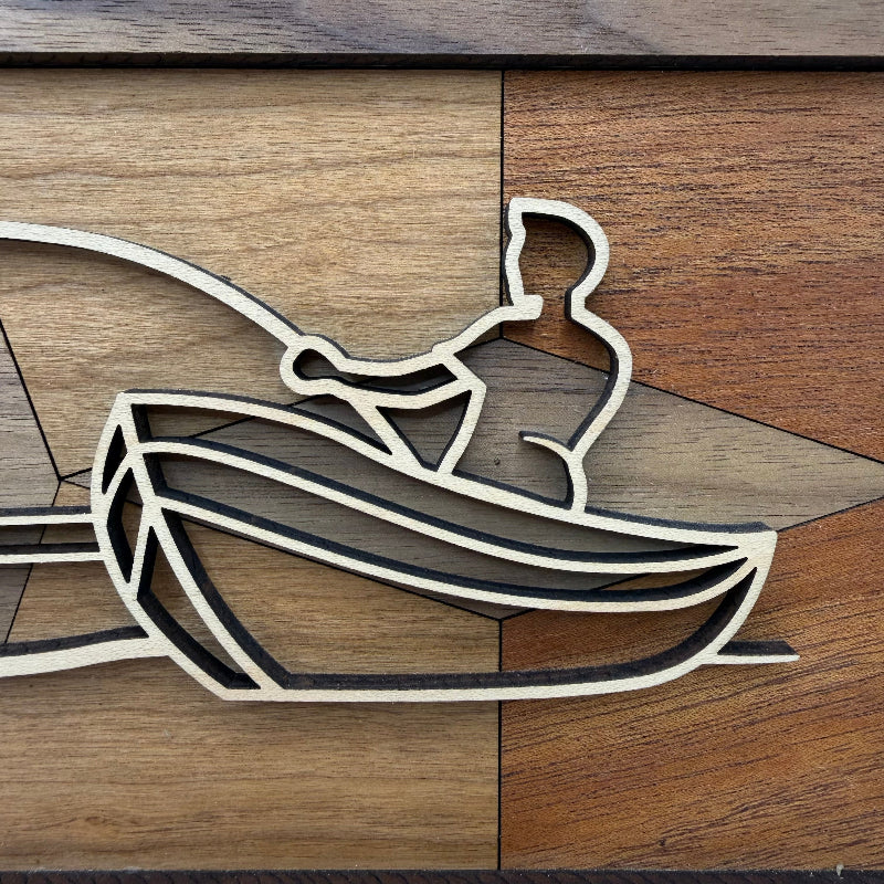 Fishing Boat line art wood wall decor (close-up)