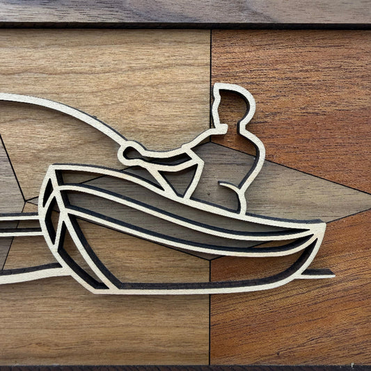 Fishing Boat line art wood wall decor (close-up)