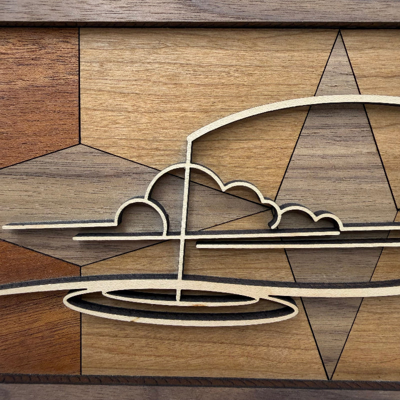 Fishing Boat line art wood wall decor (close-up)