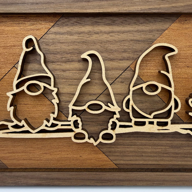 Gnomes line art wood wall decor (close-up)