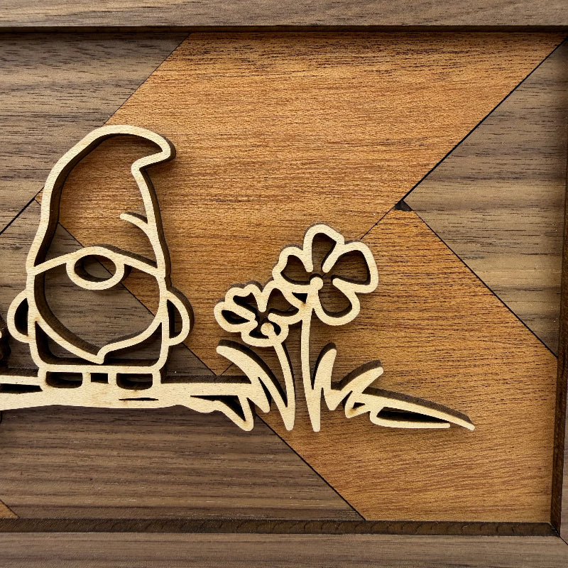 Gnomes line art wood wall decor (close-up)