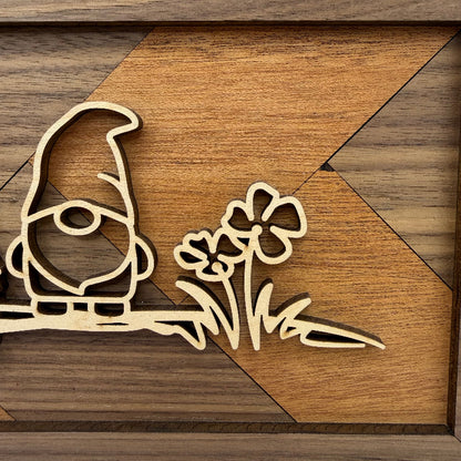 Gnomes line art wood wall decor (close-up)
