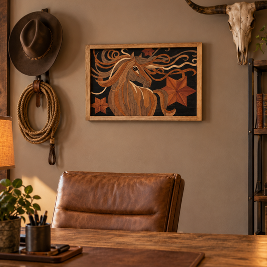 A framed rustic wood art print of a horse and stars hangs on a warm beige wall in a styled office or study setting with a leather chair, desk, rope, and hat visible.