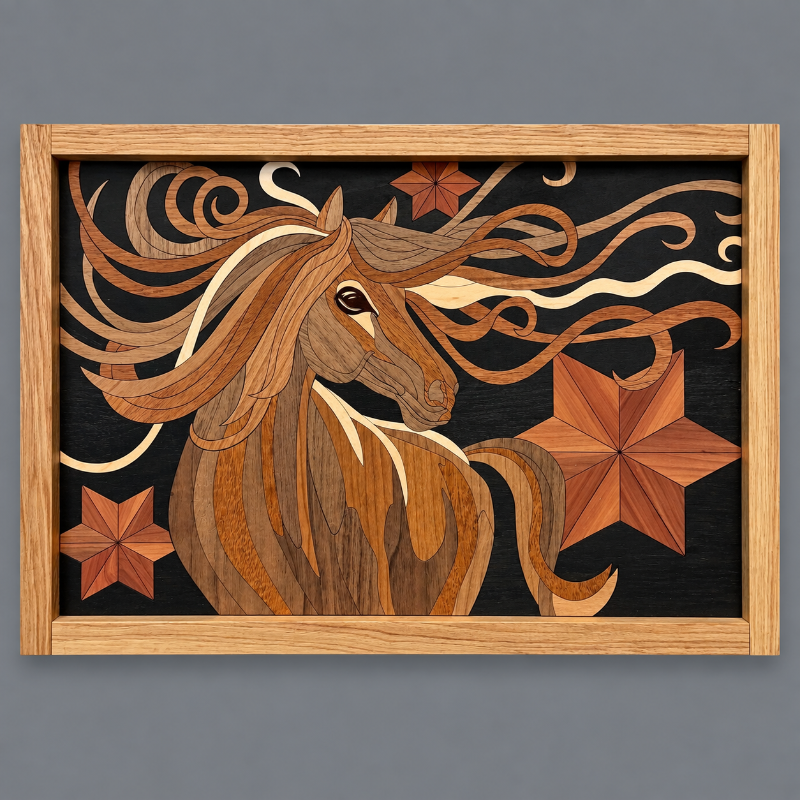 A framed wooden inlay artwork depicting a stylized horse head with flowing mane and star details, shown against a solid gray background.