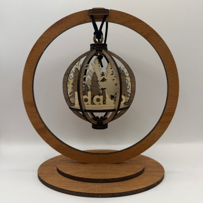 3D Idaho wood ornament shown in a display stand