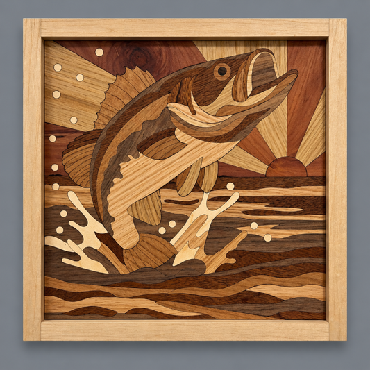 A square framed wooden inlay artwork depicting a largemouth bass jumping from water, with a rising sun and sun rays in the background. The piece is constructed from multiple natural wood tones and is shown against a solid gray background.