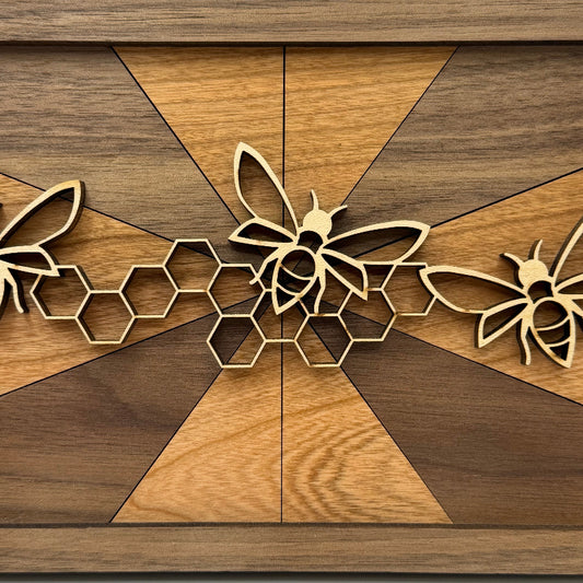 Bee line art wood wall decor, HexDiamond backer (close-up)